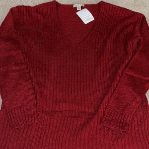 V-neck red ribbed sweater.  Size M/L. New w/tags